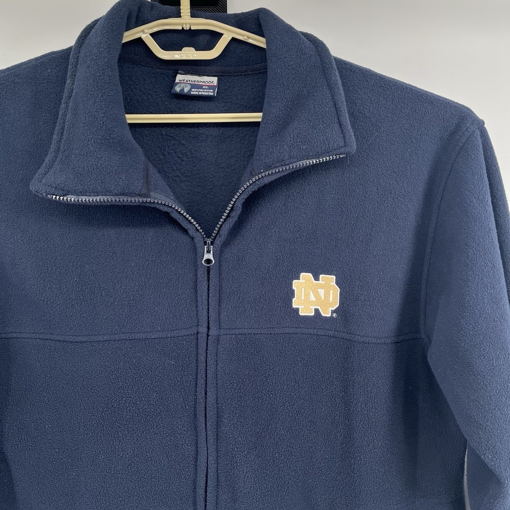 Notre Dame XL Weatherproof Navy Full Zip Jacket Fleece Sweatshirt Gold Logo EUC